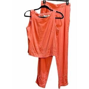 VTG80s SELENE SPORT~LINEN BLEND Coral Pant Set W/BEAD & SEQUIN ACCENTS SZ:M